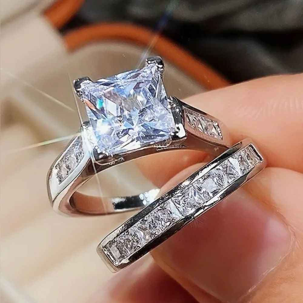 🩵 NEW Stunning square cut 4 carat CZ ring SET 🩵